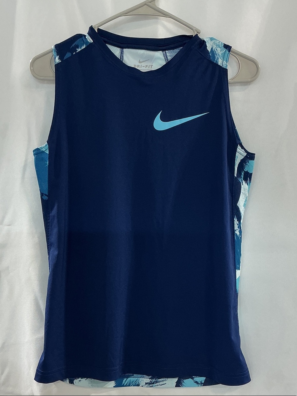 Nike Men’s Navy Tank Top with Light Blue Swoosh and Patterned Side Panels